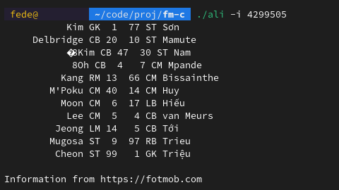 result of c implementation of the ali.py script showing lineups for AFC CL qualy fase match between korean icheon united and vietnamese hai phong