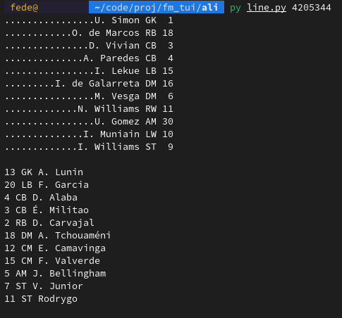 result of python script showing starting lineups for Athletic Club - Real Madrid 2023/24 La Liga season, week 1, bad formatted