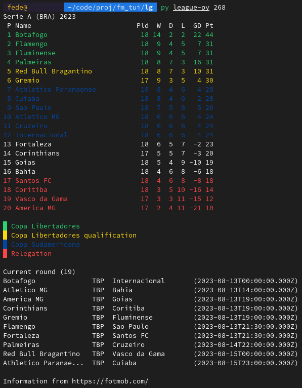 result of python script showing Brasileirão table and current round's matches as for august 12th, 2023